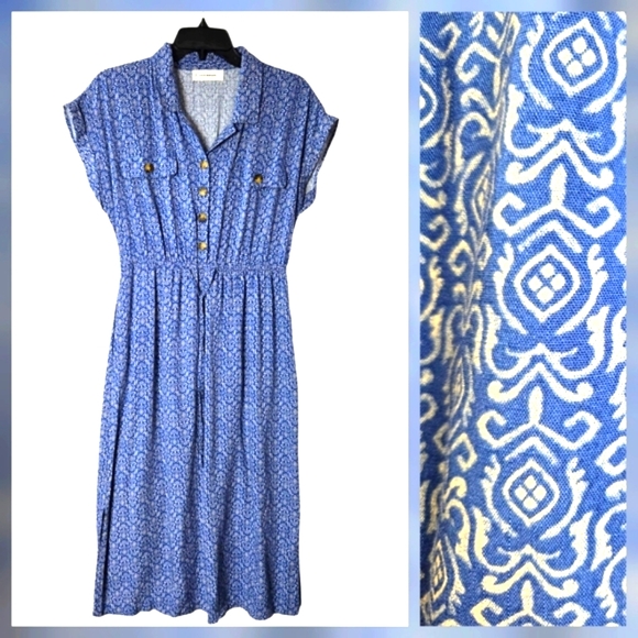 Lucky Brand Dresses & Skirts - Lucky Brand Boho Midi Shirt Dress Blue Button Front Elastic Waist Size Small